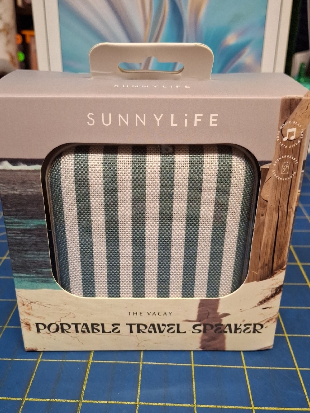 SunnyLife Portable Travel Speaker Blue & White Stripes New 3.5x1.8x3.5